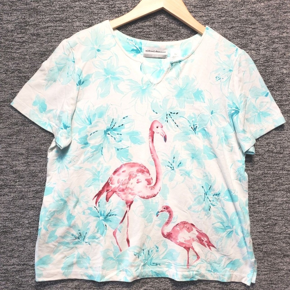Alfred Dunner Shirt Womens PL White Pink Flamingo Tropical Floral Beaded Casual